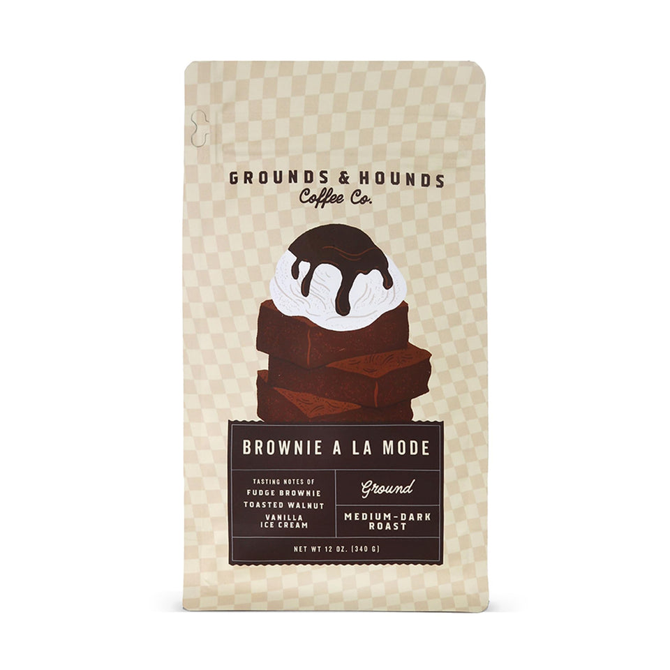 Grounds & Hounds Brownie A La Mode 12oz ground bag with rich aroma.