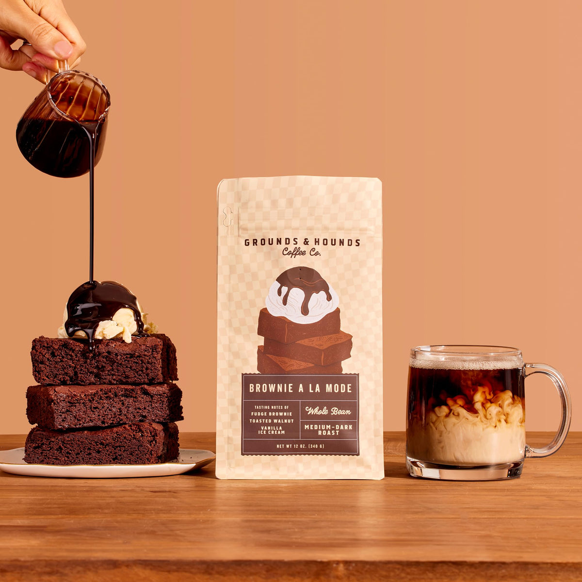 Grounds & Hounds Brownie A La Mode European roast evokes bold morning brew.