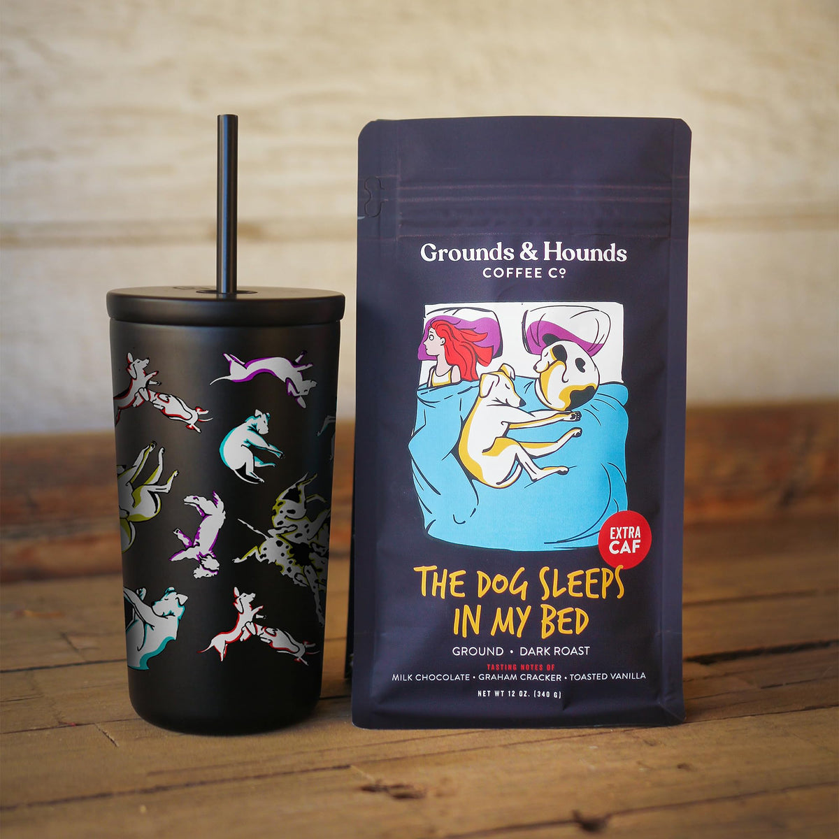 Open Grounds & Hounds bag on a wooden counter, highlighting the rescue-support blend.
