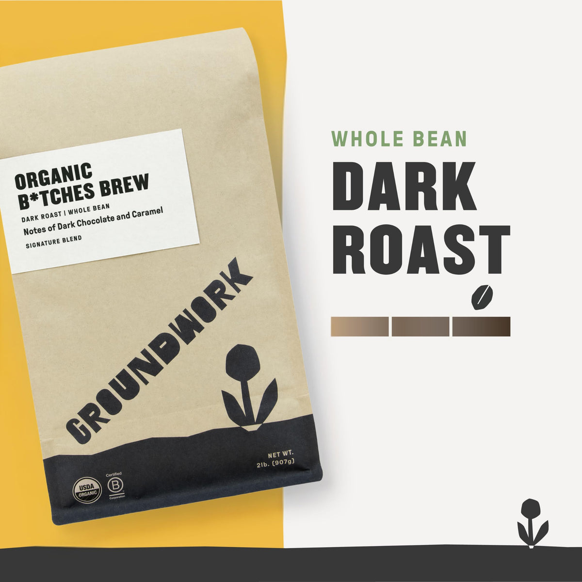 Groundwork B*tches Brew dark roast cup showing bold, smoky flavor.