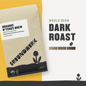Groundwork B*tches Brew dark roast cup showing bold, smoky flavor.