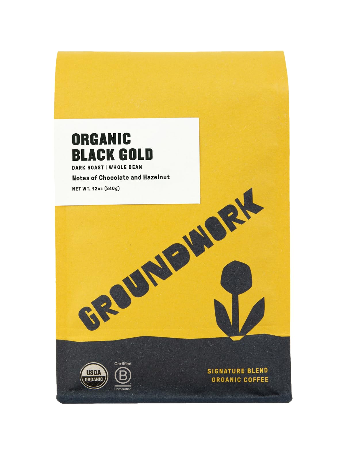 Groundwork Black Gold coffee bag front showing organic certification and bold aroma.