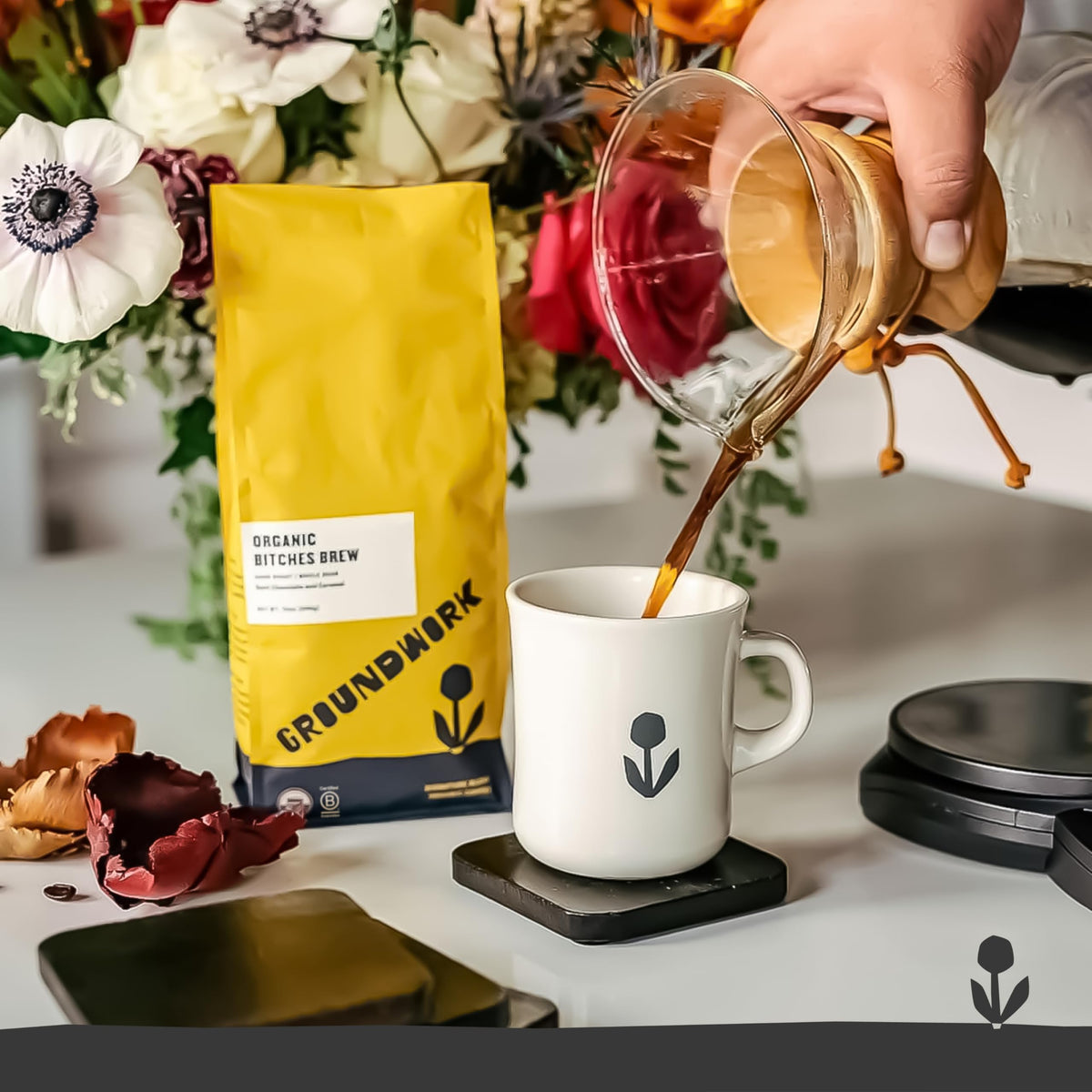 Groundwork B*tches Brew brewed cup shows bold flavor and caramel notes.