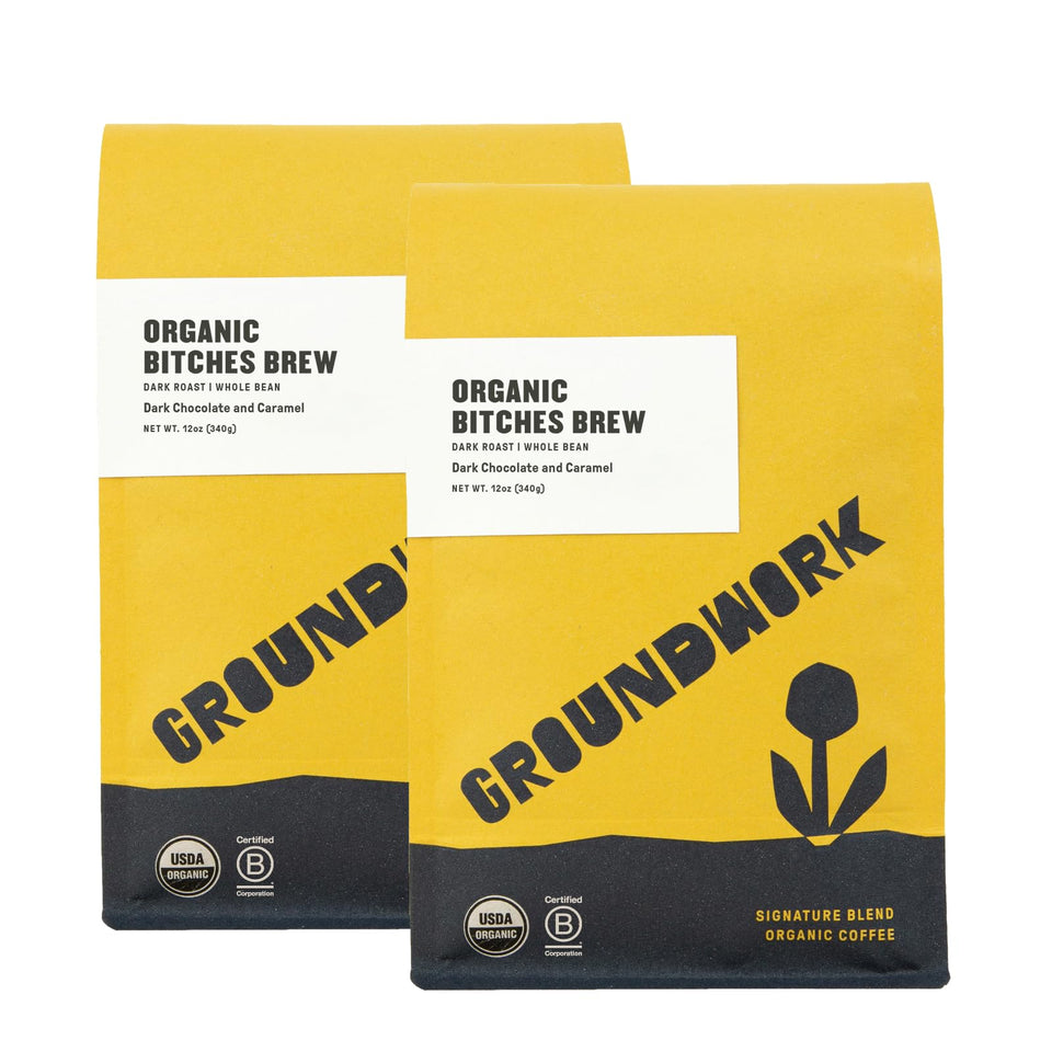 Groundwork B*tches Brew 12oz bag front label highlights organic, dark roast profile.