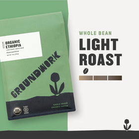 Groundwork Ethiopia Heirloom Blend bag label emphasizing organic, ethical sourcing.