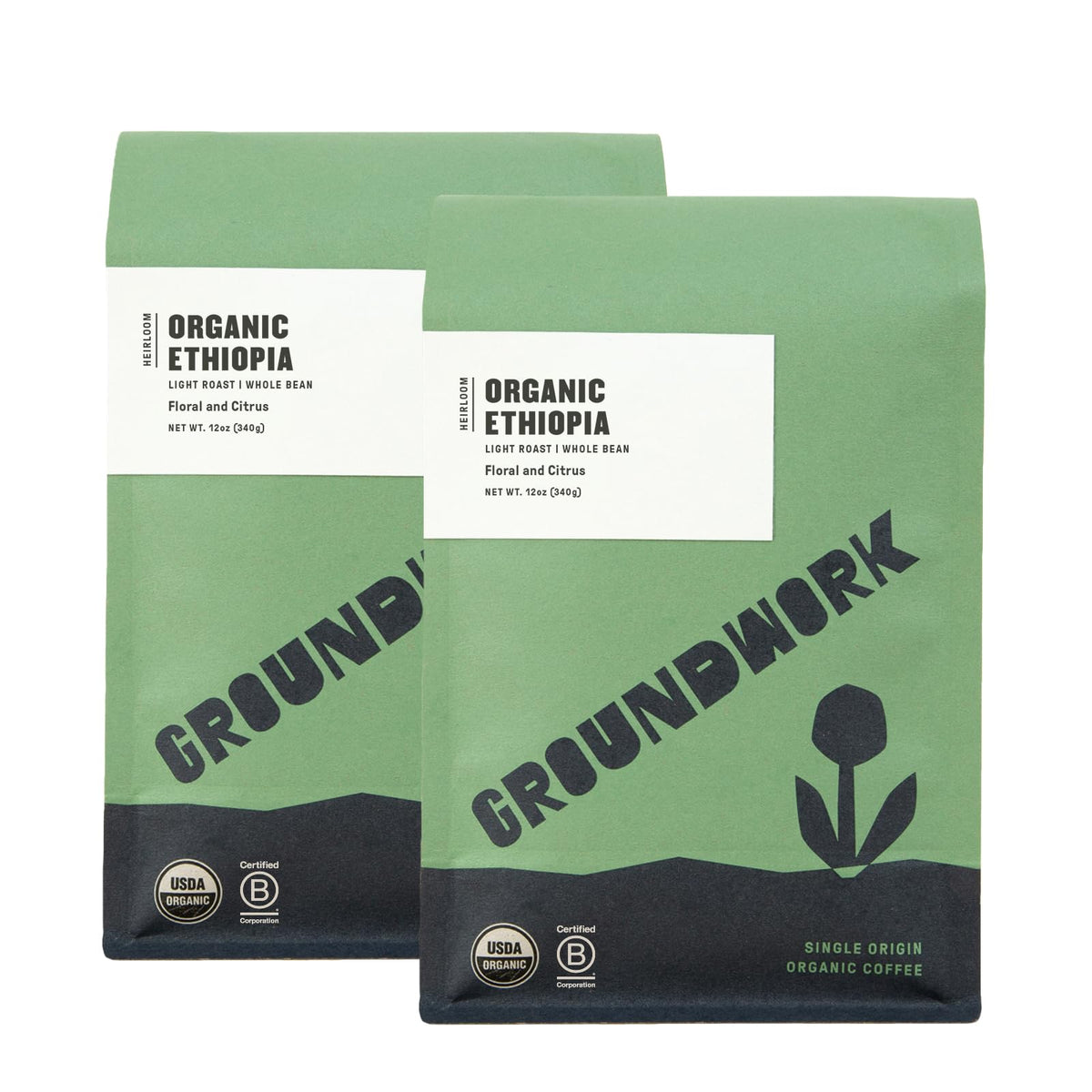 Groundwork Ethiopia Heirloom Blend pack shot—organic light roast bags for everyday ritual.