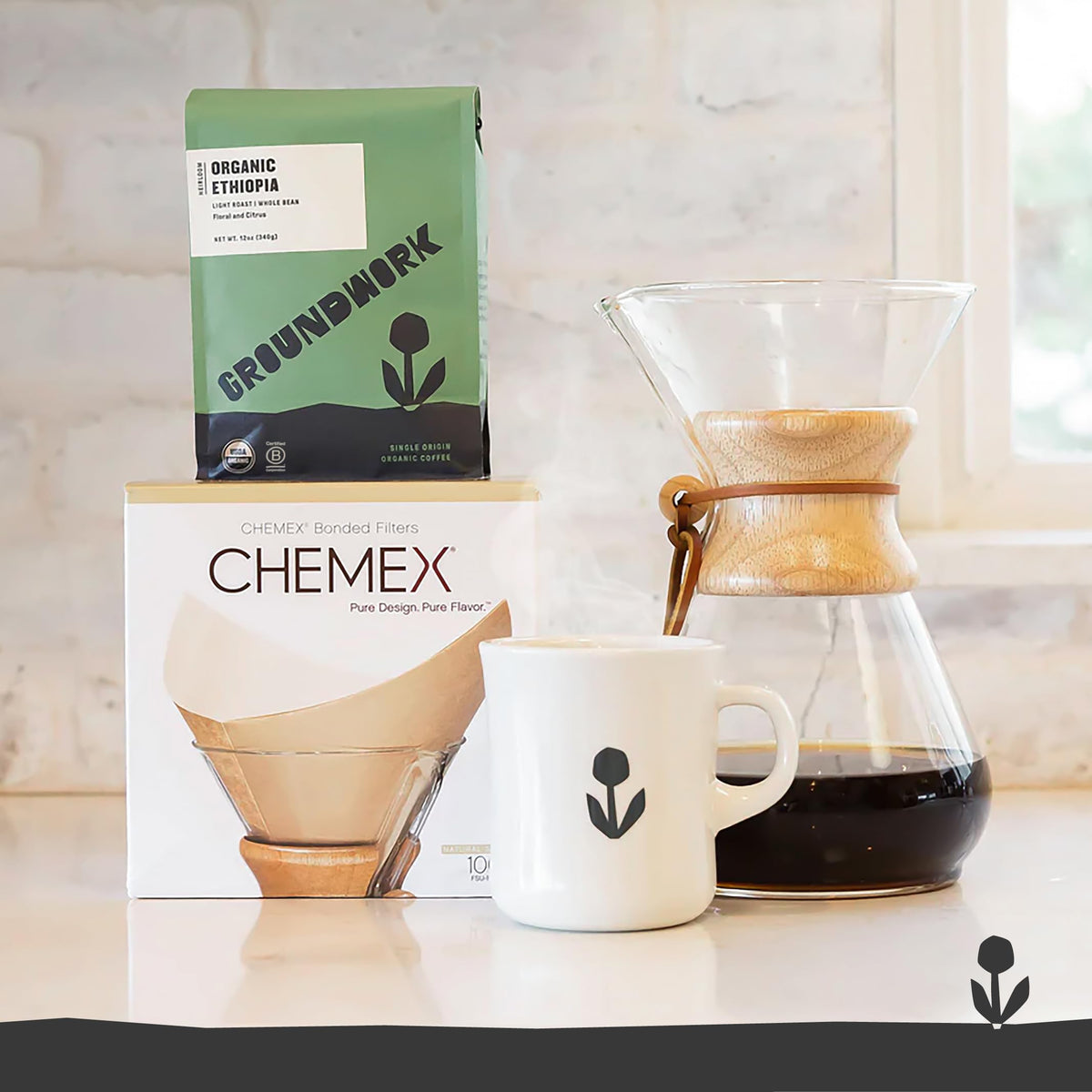 Groundwork Ethiopia Heirloom Blend steaming cup with inviting aroma.