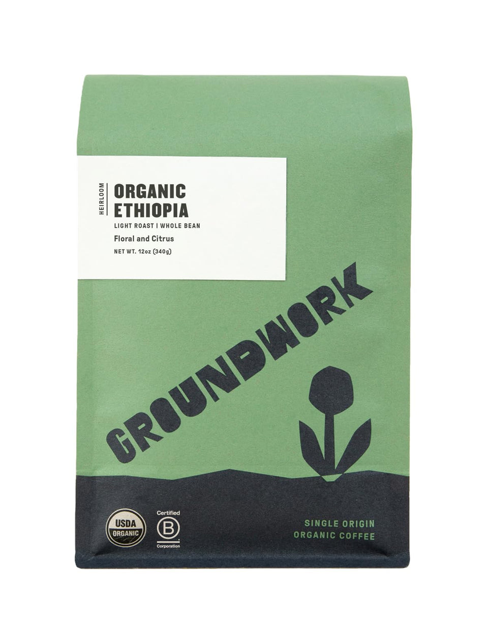 Groundwork Ethiopia Heirloom Blend whole bean 12oz with bright light roast aroma.