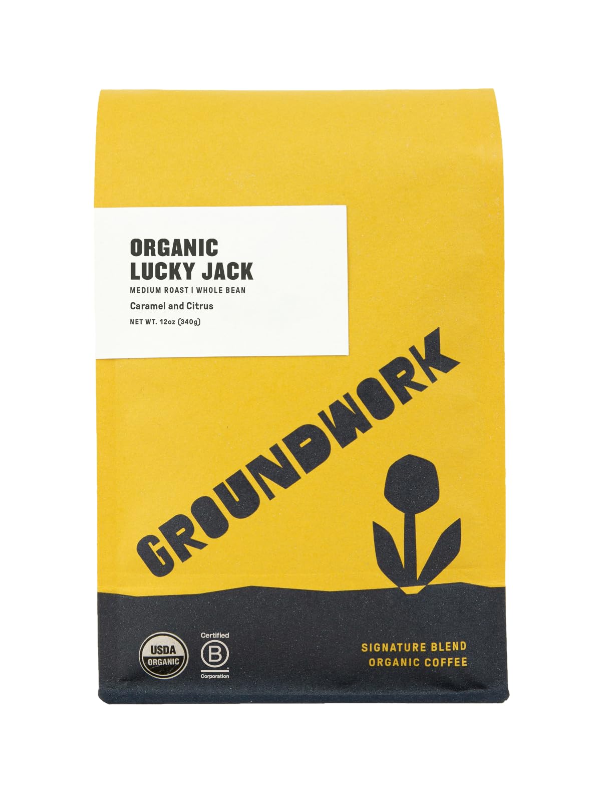 Groundwork Lucky Jack coffee bag with organic certification and small-batch roasting.
