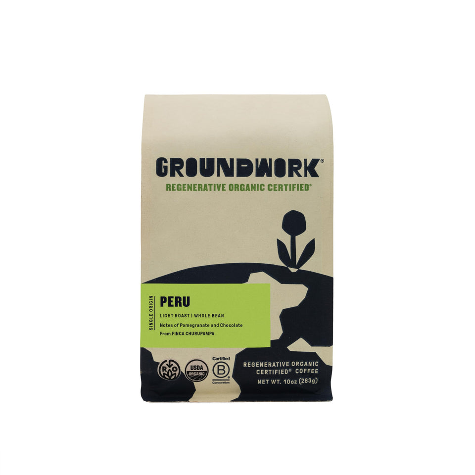 Groundwork Peru whole-bean 10oz bag—fresh aroma for morning coffee ritual.