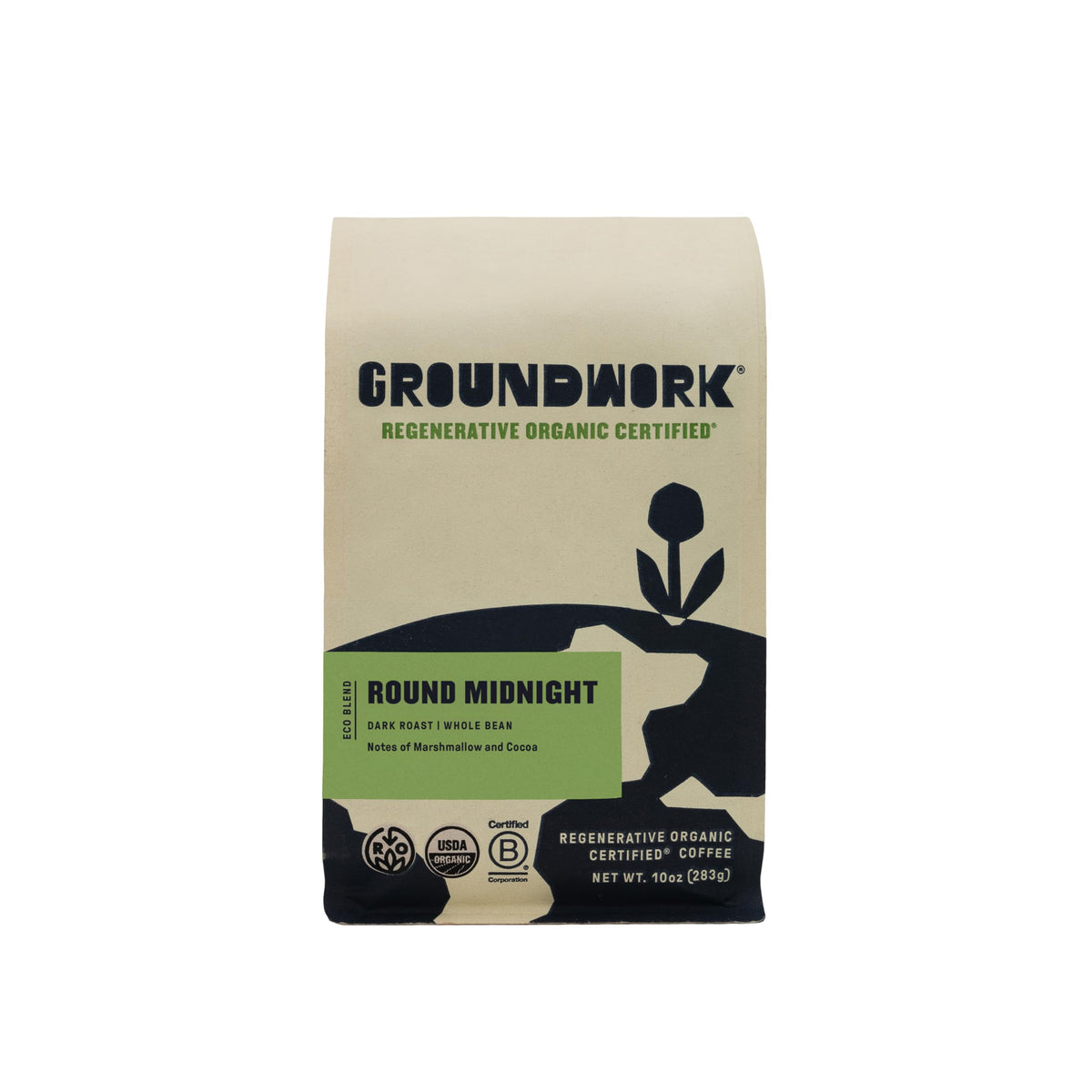 Groundwork Round Midnight coffee bag front closeup, showcasing organic, ethically sourced beans.