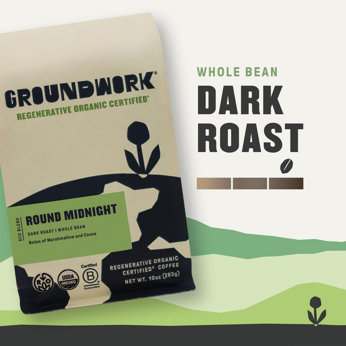 Groundwork Round Midnight coffee beans closeup, ideal for grinding fresh for rich aroma.