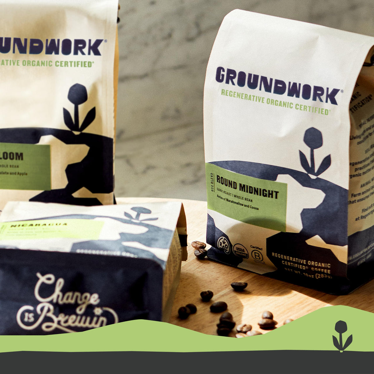 Groundwork Round Midnight beans roasting closeup, signaling a bold yet smooth cup.