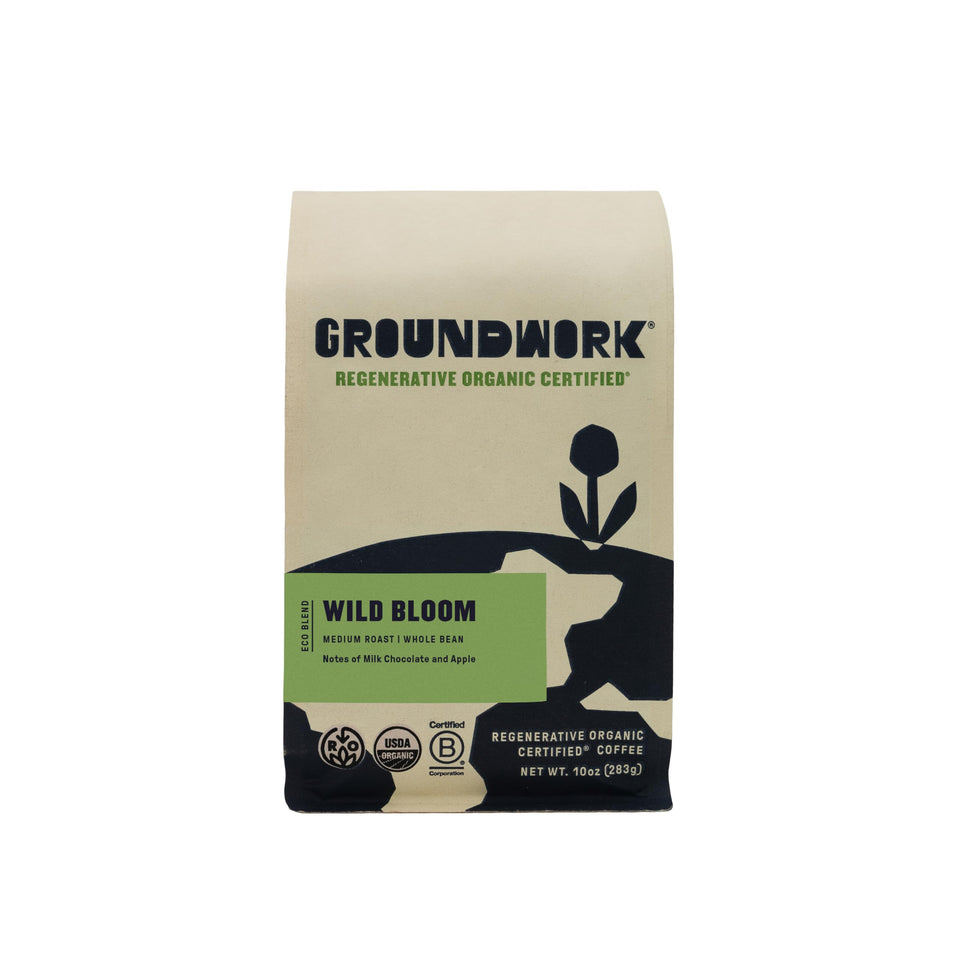 Groundwork Wild Bloom coffee bag front with USDA Organic label for clean brewing.