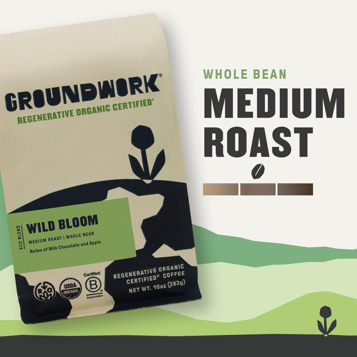 Groundwork Wild Bloom coffee beans close-up showing roast and aroma potential.