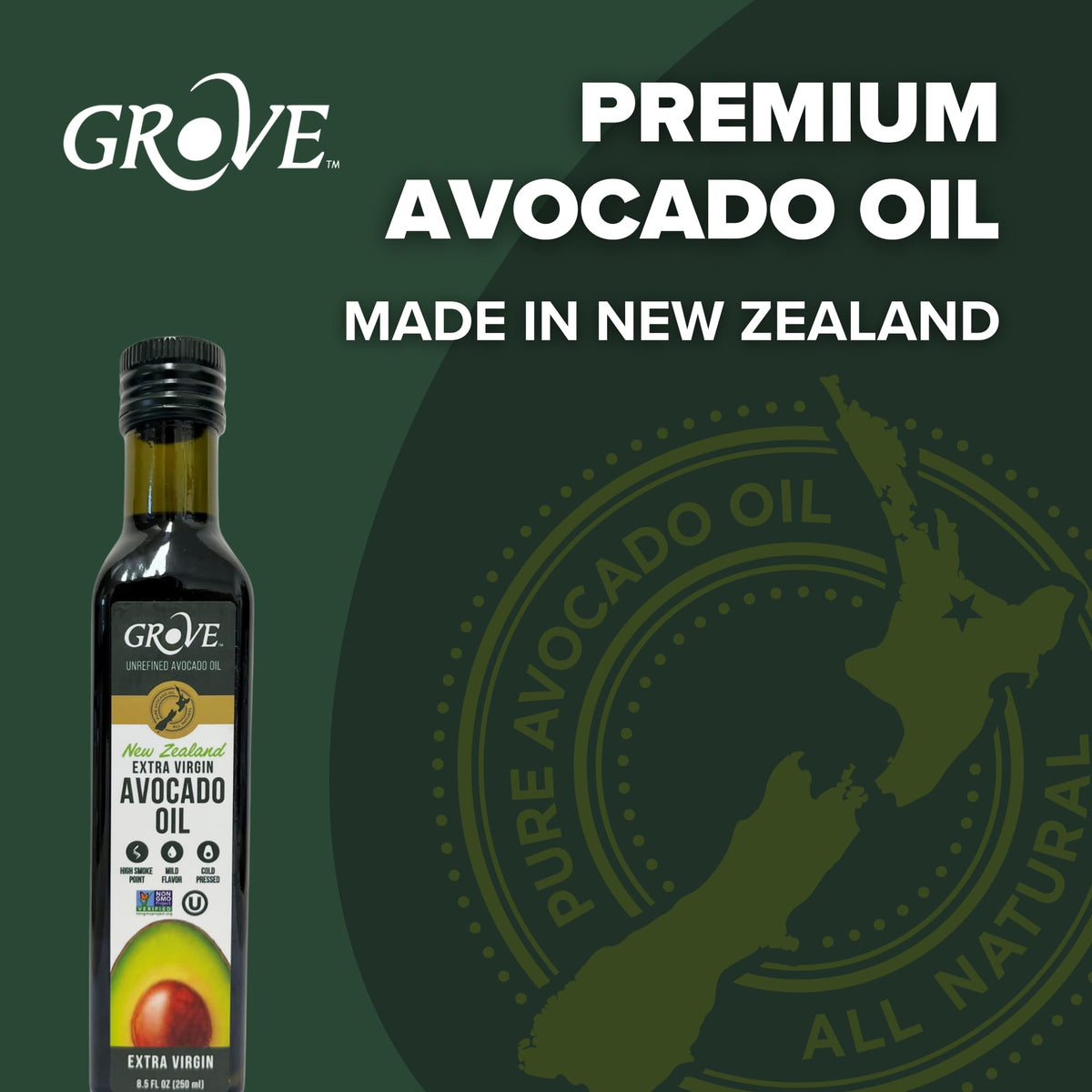 Grove dark glass bottle protecting flavor from light.