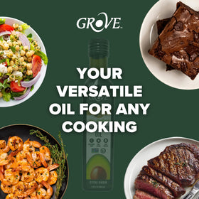 Grove avocado oil drizzle finishing a dish with a smooth finish.