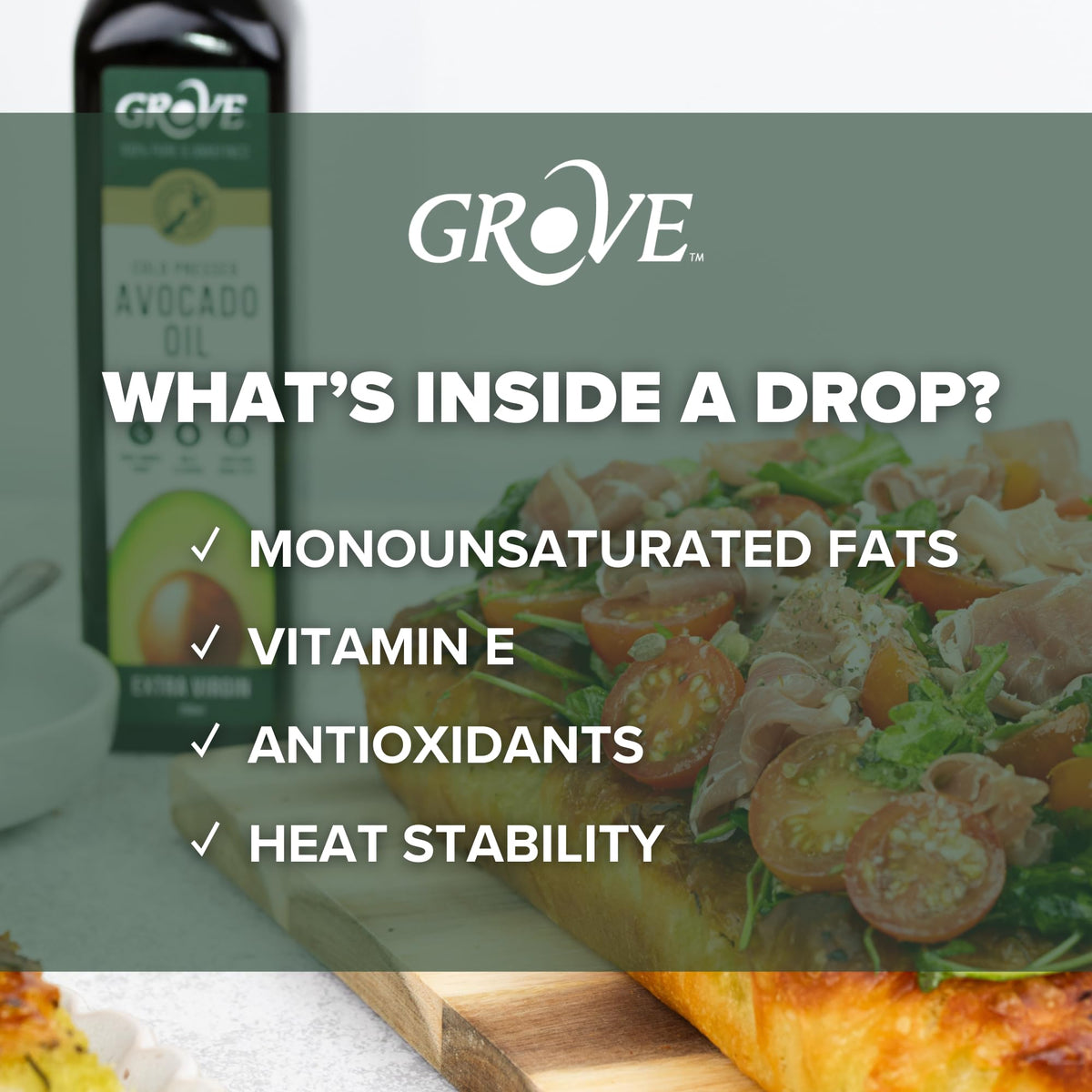 Close-up of Grove avocado oil label showing cold-pressed purity.
