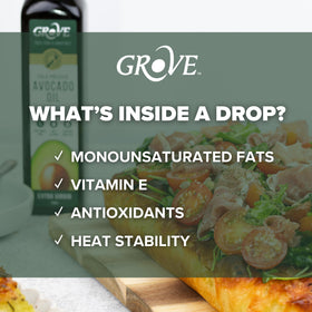 Close-up of Grove avocado oil label showing cold-pressed purity.