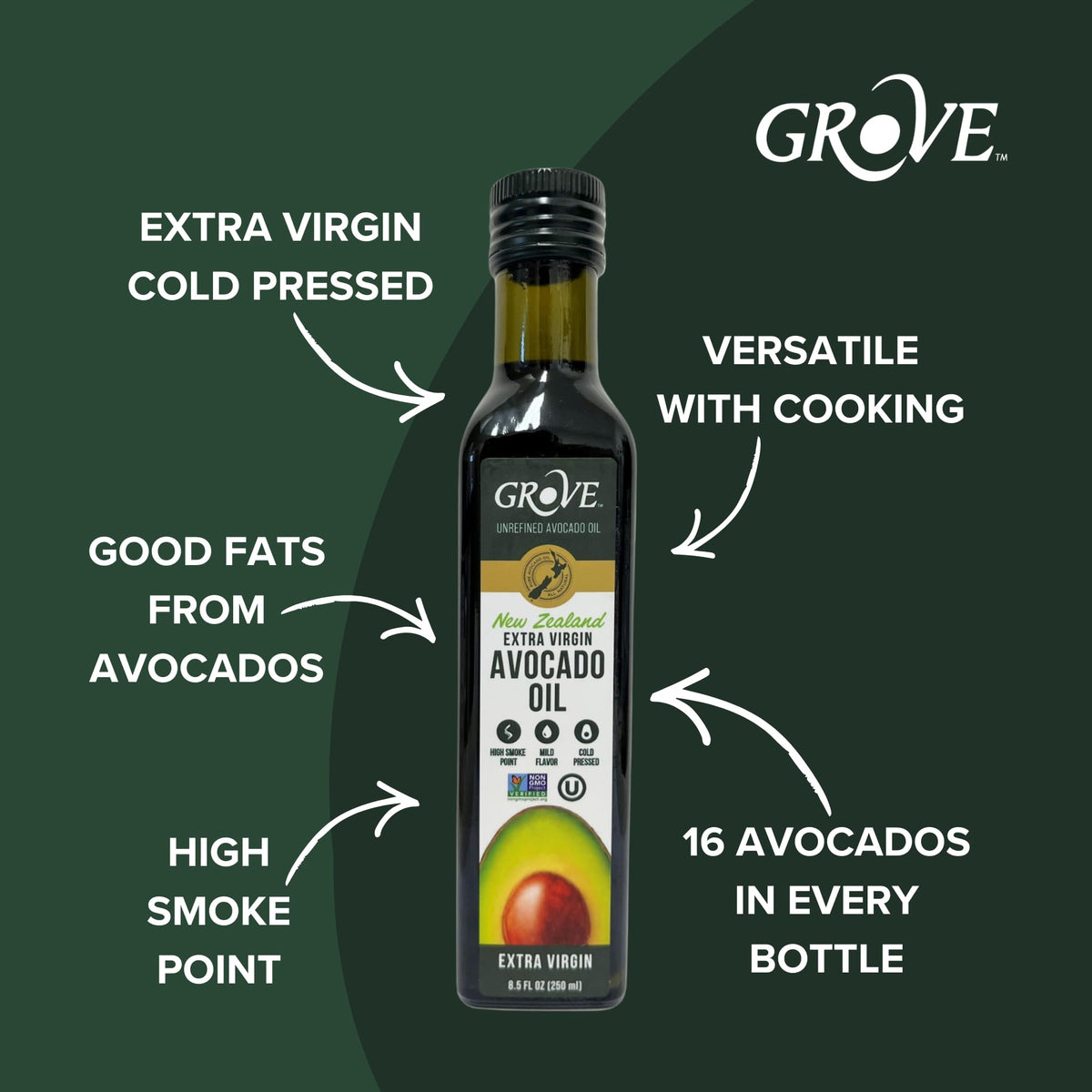 Grove avocado oil poured for sautéing at high heat.