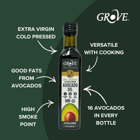 Grove avocado oil poured for sautéing at high heat.
