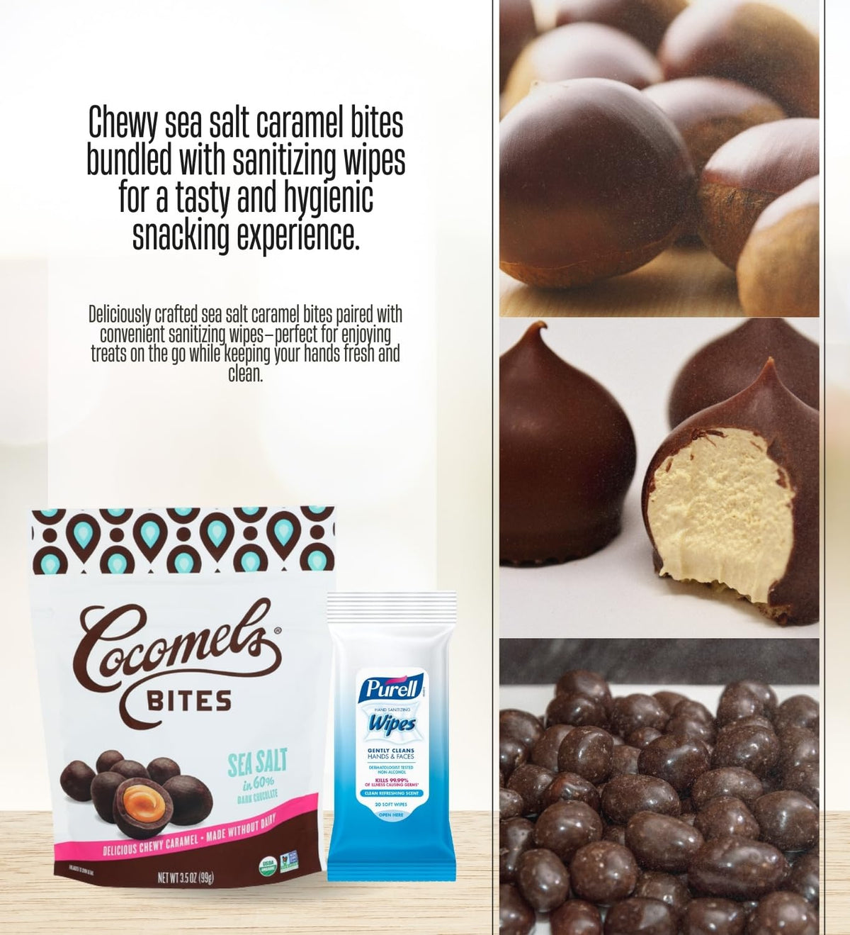 Close-up of the chocolate-coated caramel with 60% dark chocolate.