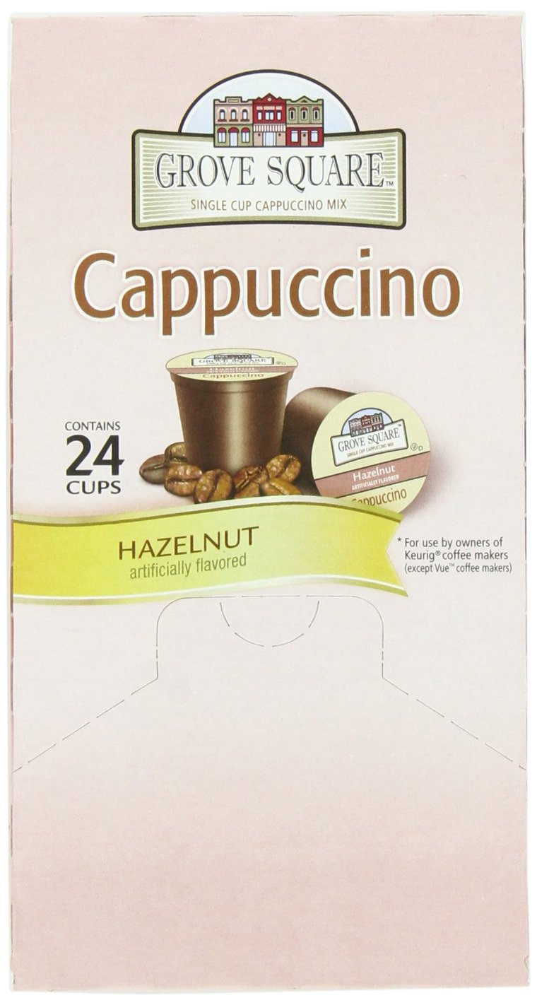 Grove Square hazelnut cappuccino cups in a barista-inspired kitchen setup