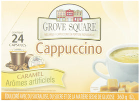 Grove Square Cappuccino Caramel cup hero showcasing rich crema and caramel aroma.
