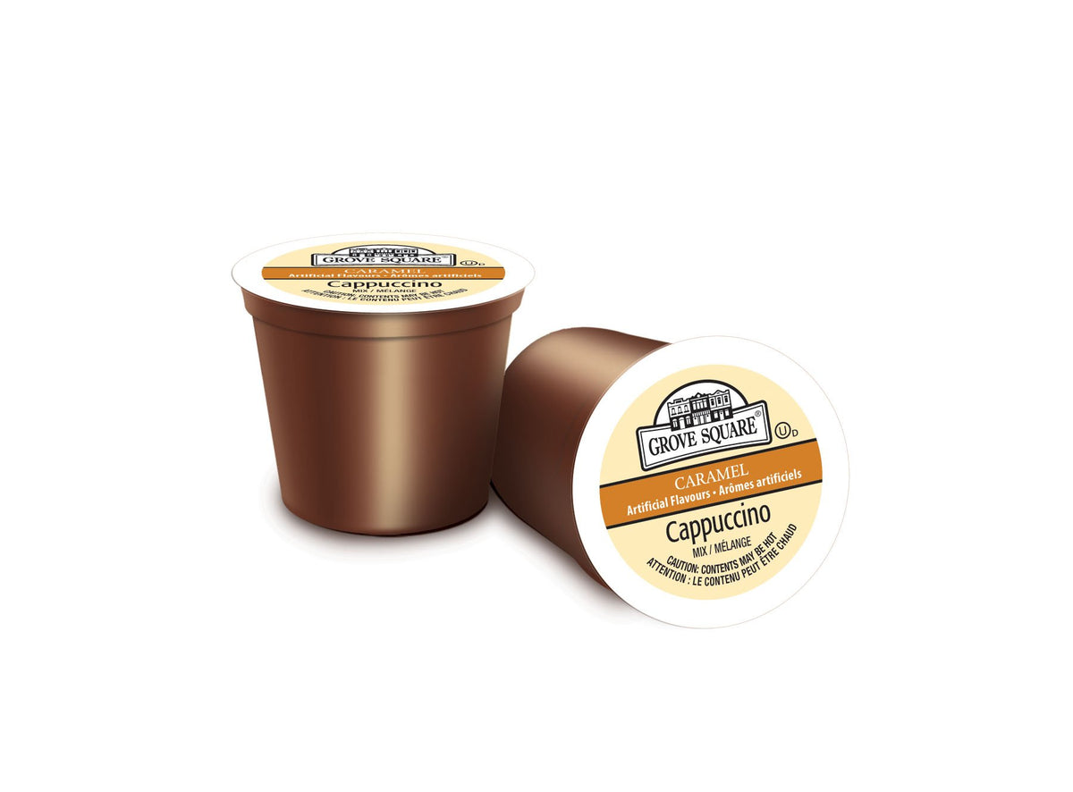 Grove Square Cappuccino Caramel cups on shelf presenting quick, mess-free brewing option.