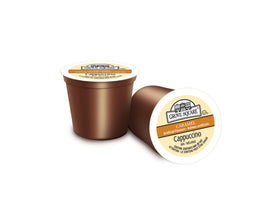 Grove Square Cappuccino Caramel cups on shelf presenting quick, mess-free brewing option.