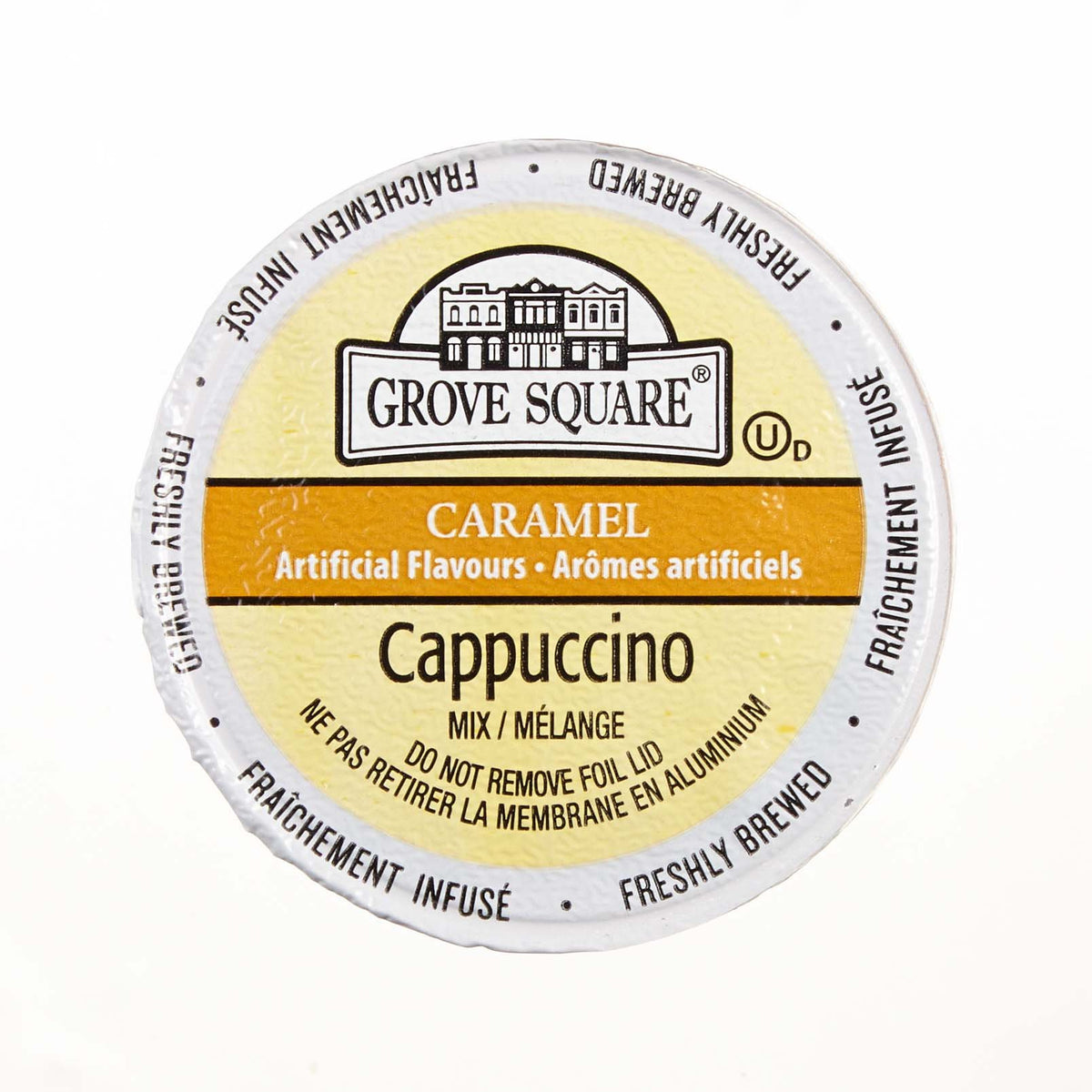 Grove Square Cappuccino Caramel kosher-certified badge on packaging for dietary considerations.