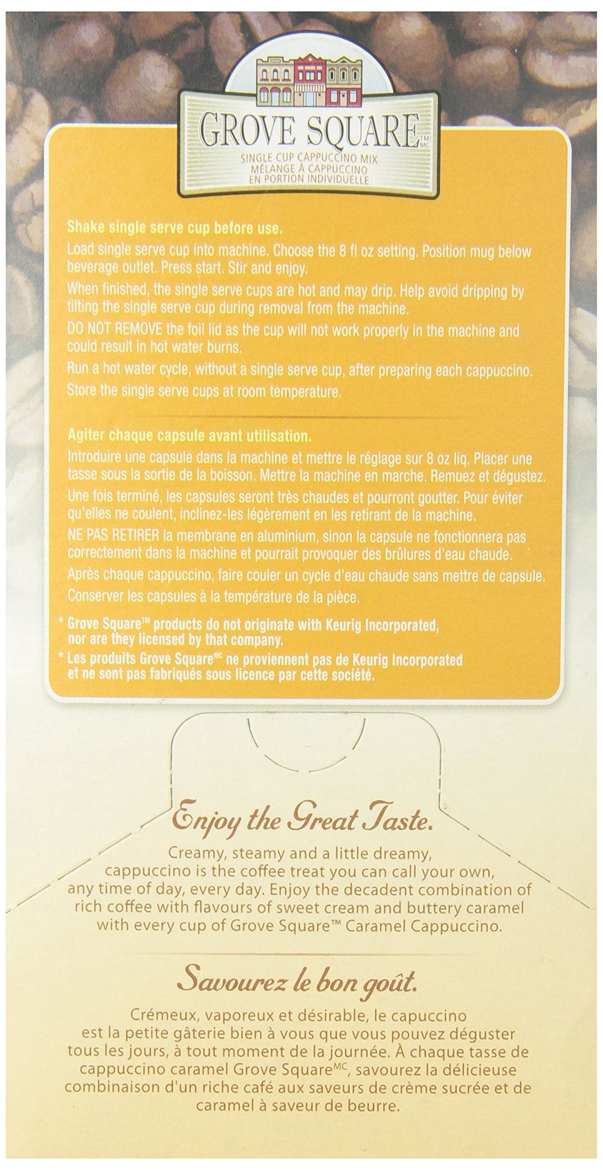 Grove Square Cappuccino Caramel on-the-go take-away cup for a quick treat.