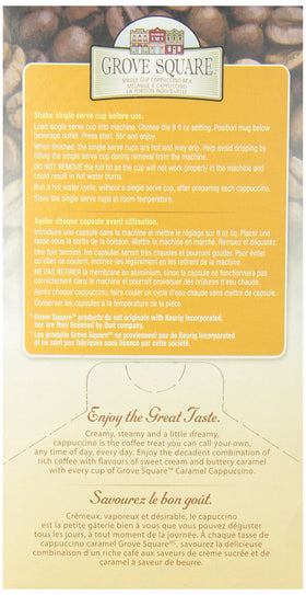 Grove Square Cappuccino Caramel on-the-go take-away cup for a quick treat.