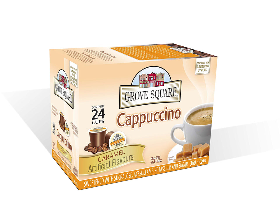 Grove Square Cappuccino Caramel packaging shows convenient single-serve cups for busy mornings.
