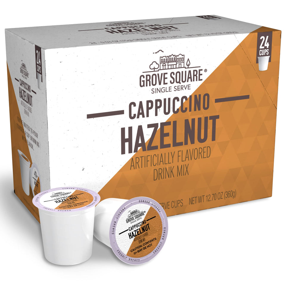 Grove Square Cappuccino Hazelnut cups steaming for a cozy morning ritual