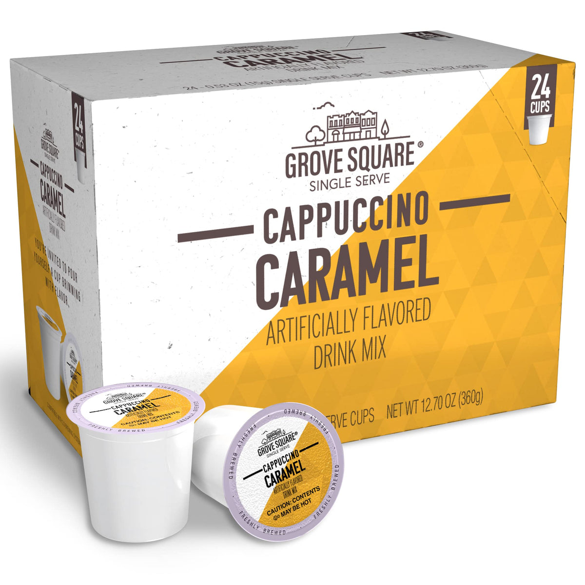 Grove Square caramel cappuccino pods in a 24-pack for quick indulgence.