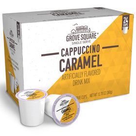 Grove Square caramel cappuccino pods in a 24-pack for quick indulgence.
