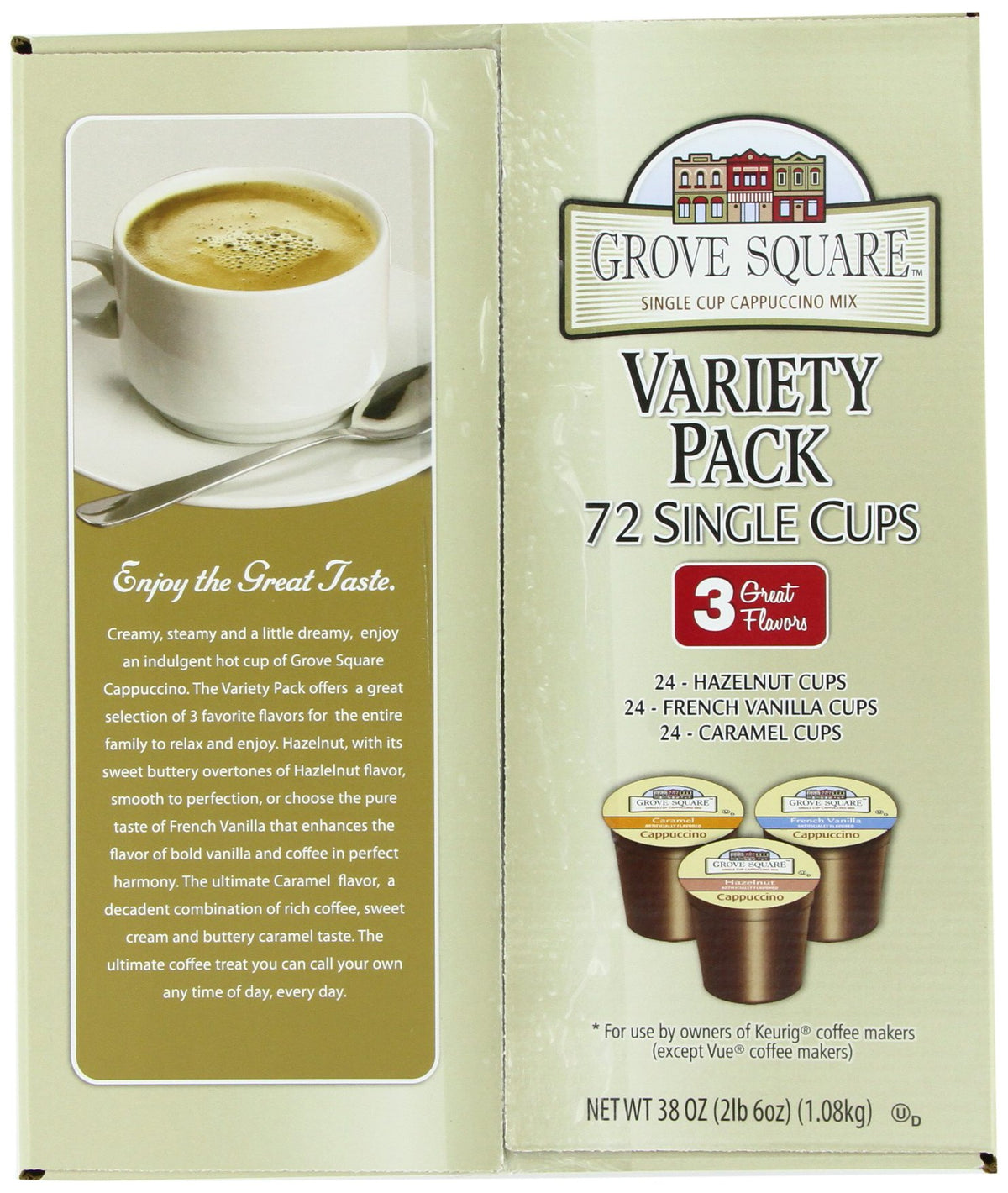 Grove Square cappuccino pods cup with creamy foam for barista-like texture.