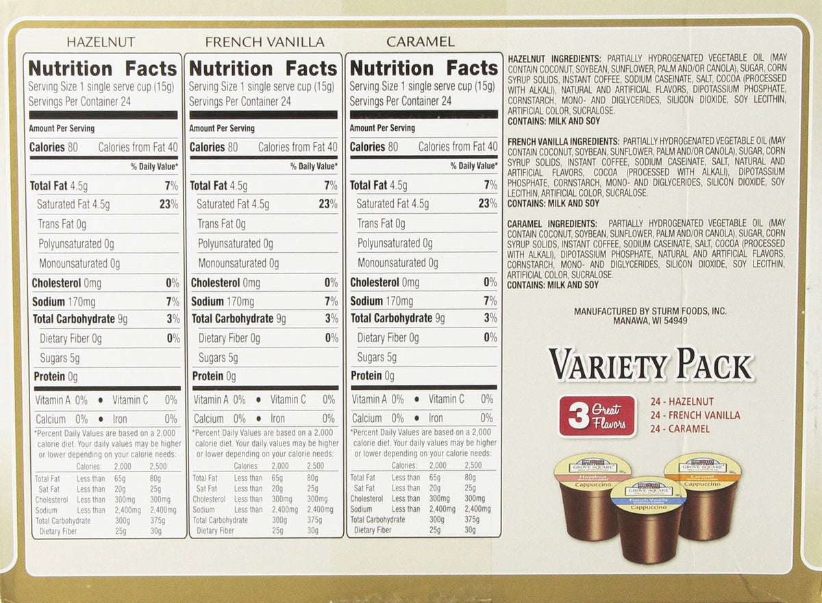 Grove Square cappuccino pods variety pack box displaying all three flavors.