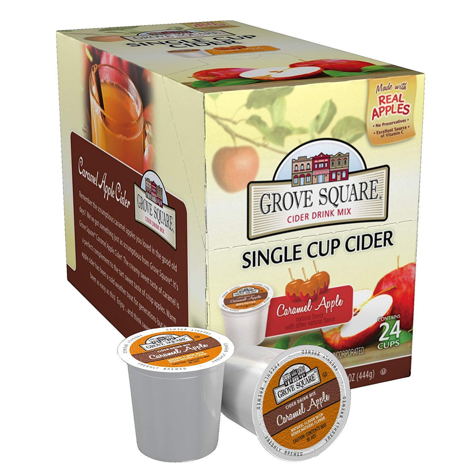 Grove Square Cider caramel apple cup steaming, a cozy fall moment ready to enjoy