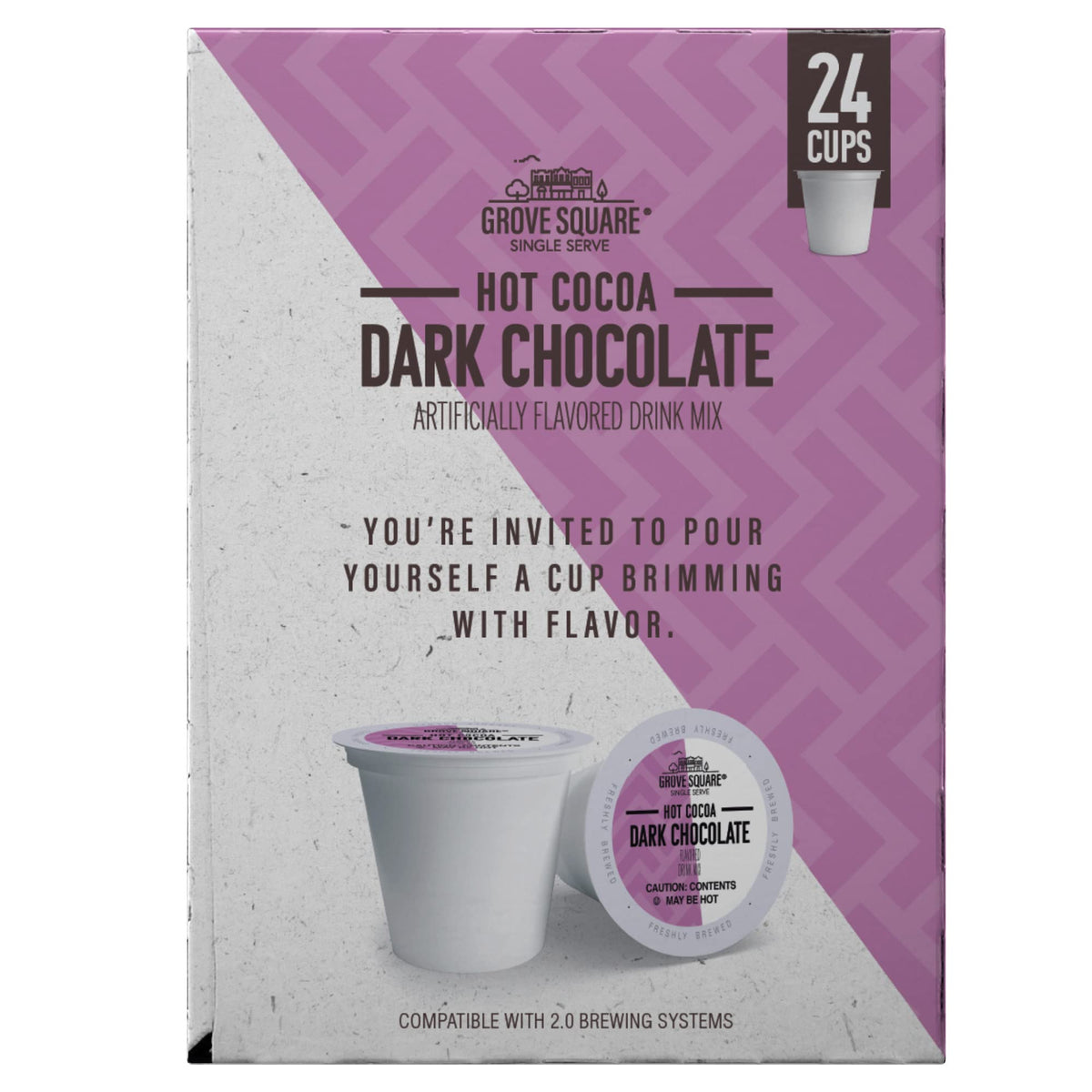 Grove Square steaming cocoa cup emphasizes cozy, comforting break.