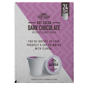 Grove Square steaming cocoa cup emphasizes cozy, comforting break.