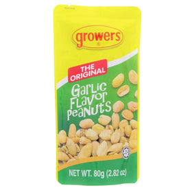 Growers Garlic Peanuts 3-pack 2.82 oz close-up crunch highlighting flavor.