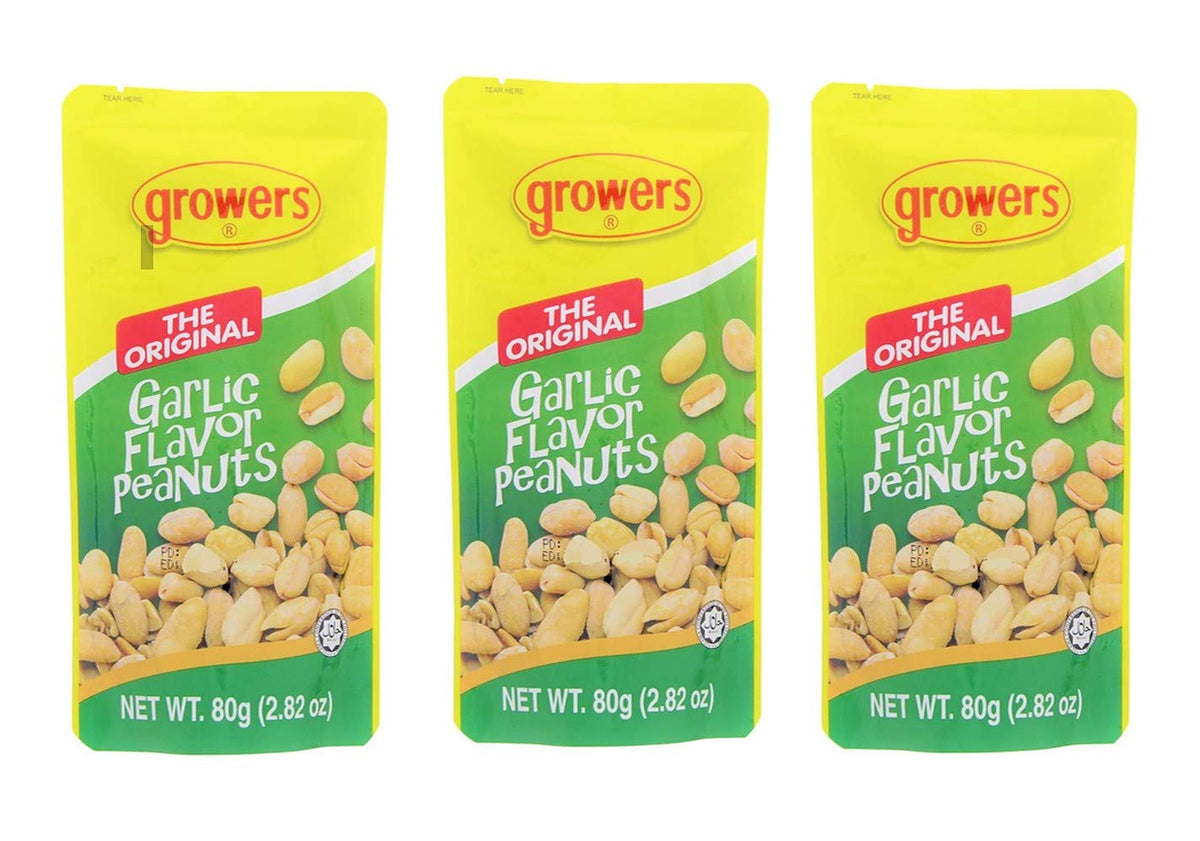 Growers Garlic Peanuts 3-pack 2.82 oz pack shot for savory snacking.
