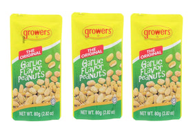 Growers Garlic Peanuts 3-pack 2.82 oz pack shot for savory snacking.