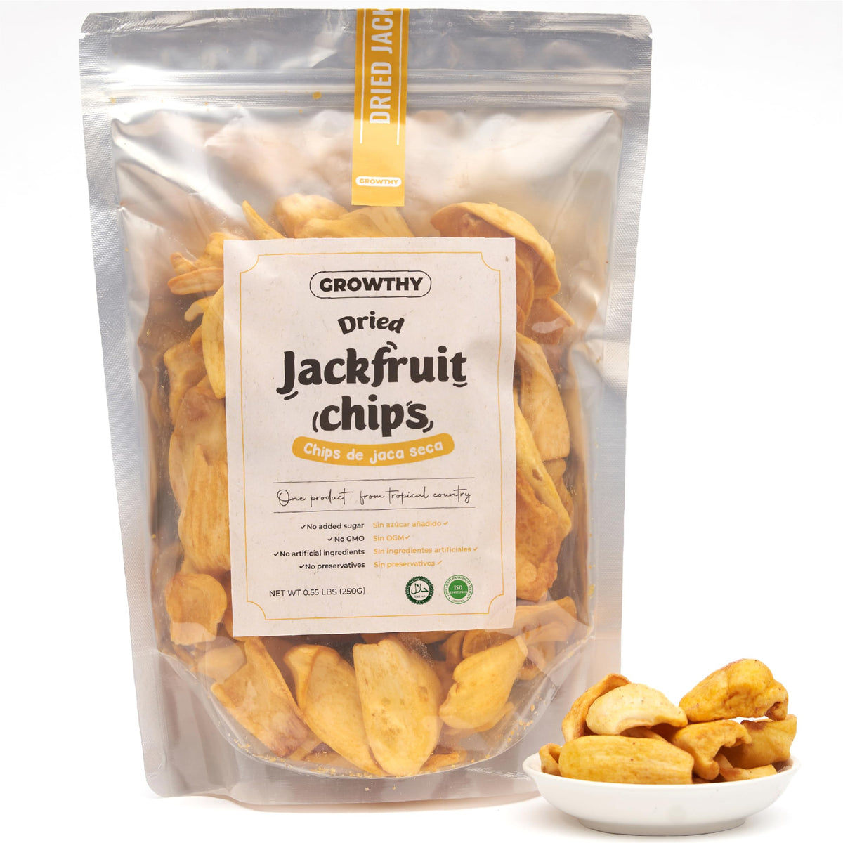 Growthy dried jackfruit chips 250g packaging, no sugar added and preservative-free.
