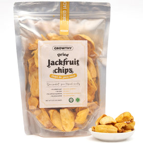 Growthy dried jackfruit chips 250g packaging, no sugar added and preservative-free.