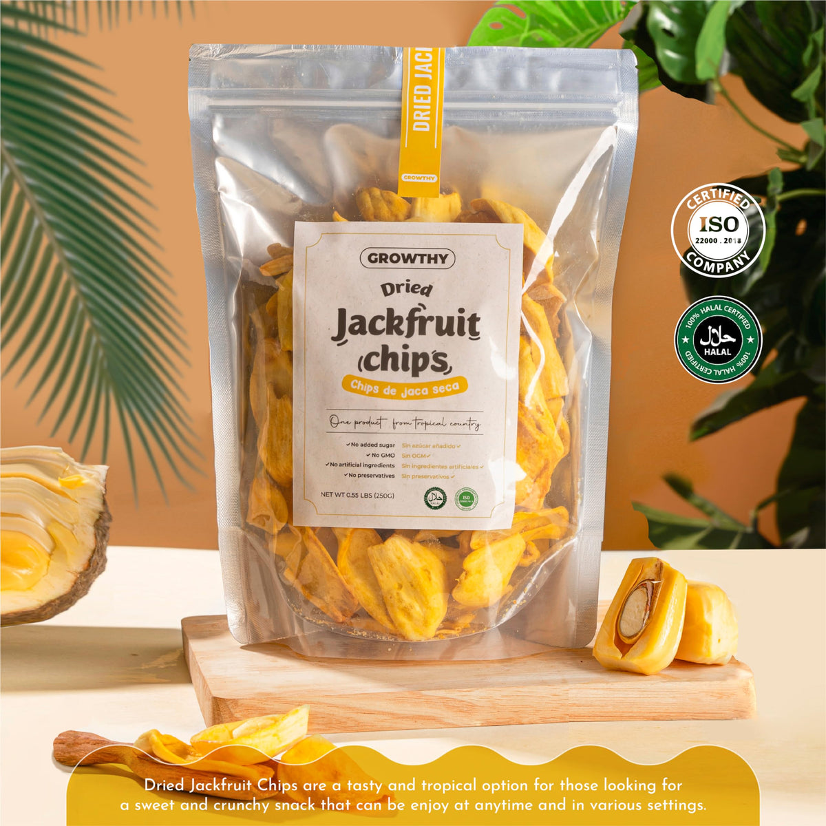 Growthy dried jackfruit chips close-up showing crispy texture ideal for quick snacks.