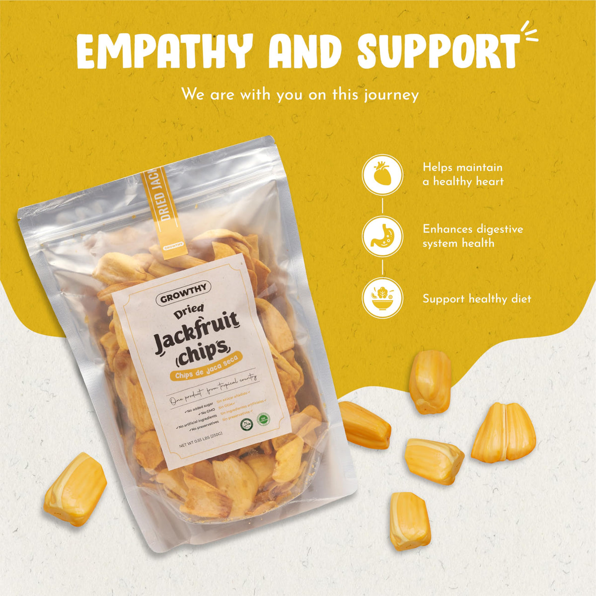 Growthy jackfruit chips travel ready snack in resealable bag.