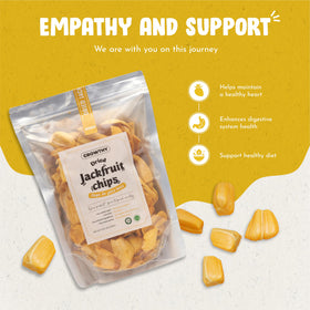 Growthy jackfruit chips travel ready snack in resealable bag.